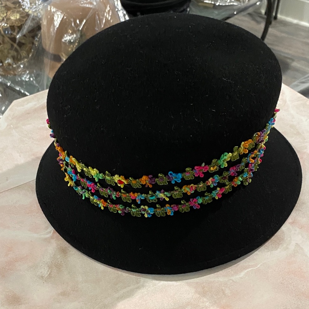 Black Felt Hat with Colorful Embellishments - 3 colorful band trims
